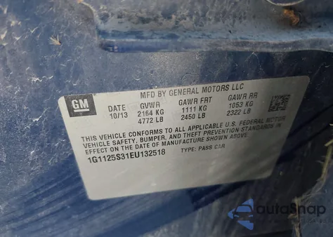 2014 Chevrolet Impala 2Lt из США, поврежденный, VIN 1G1125S31EU132518